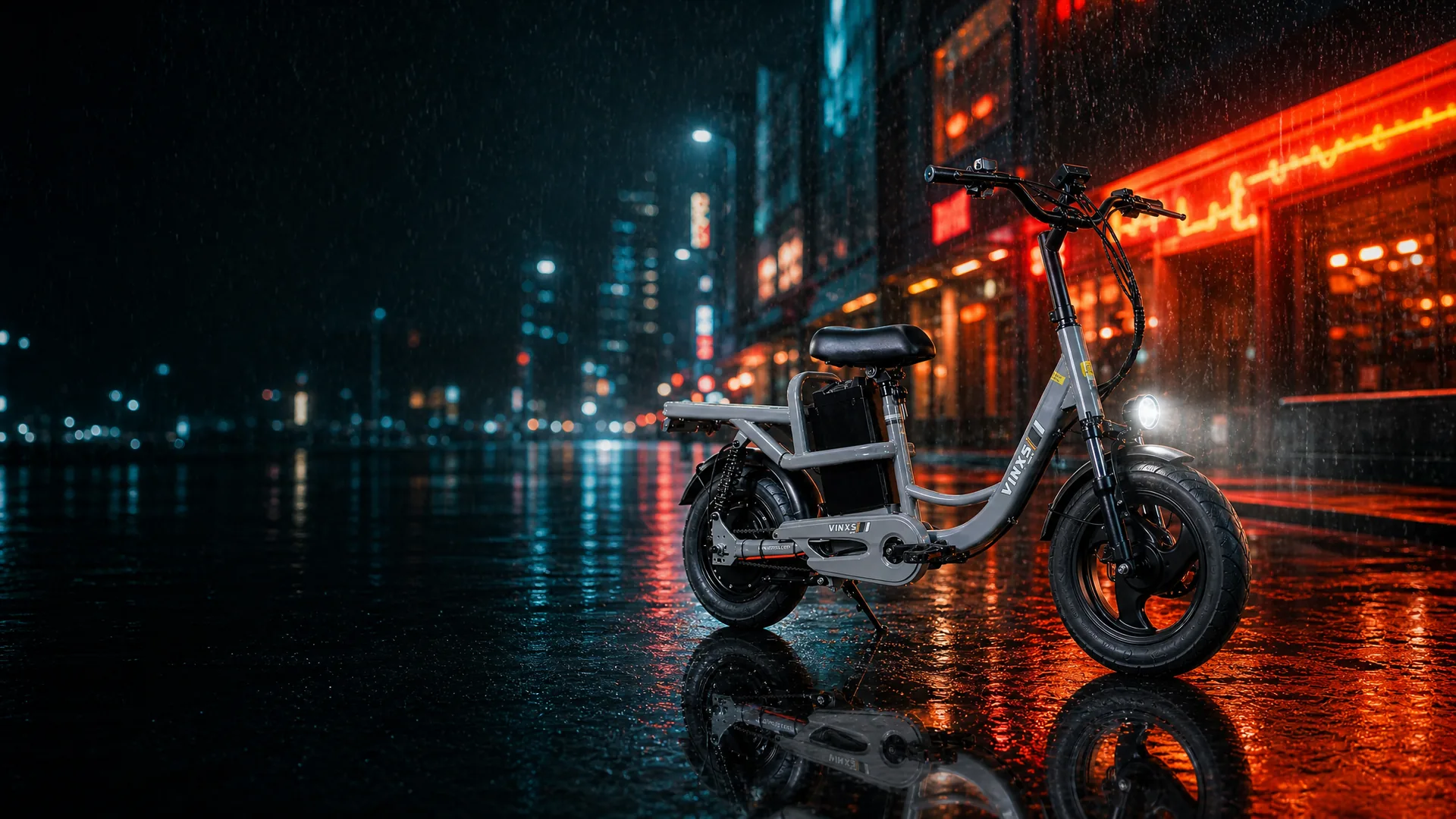 Vinxs Cargo e-bike on a rainy neon-lit downtown street at night
